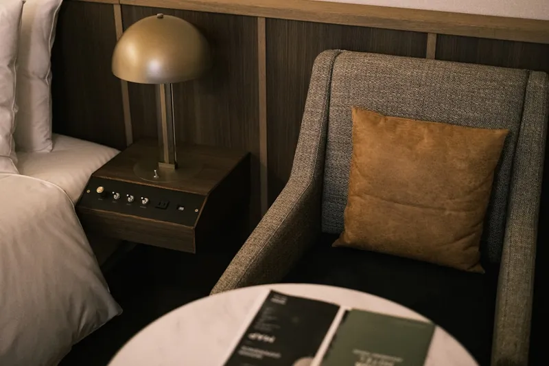 a hotel room with two beds and a nightstand